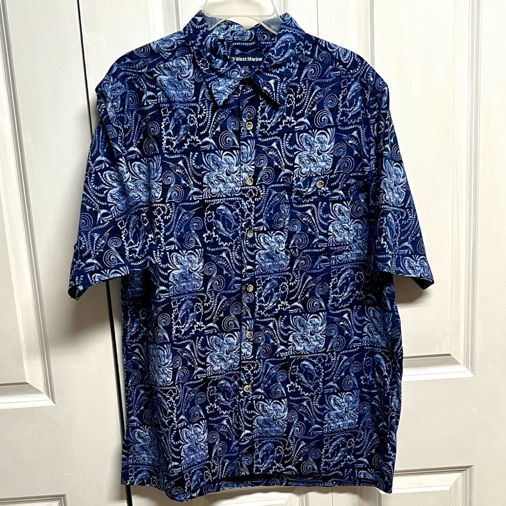 West Marine Men’s Navy Blue Paisley Short-Sleeve Shirt Size L